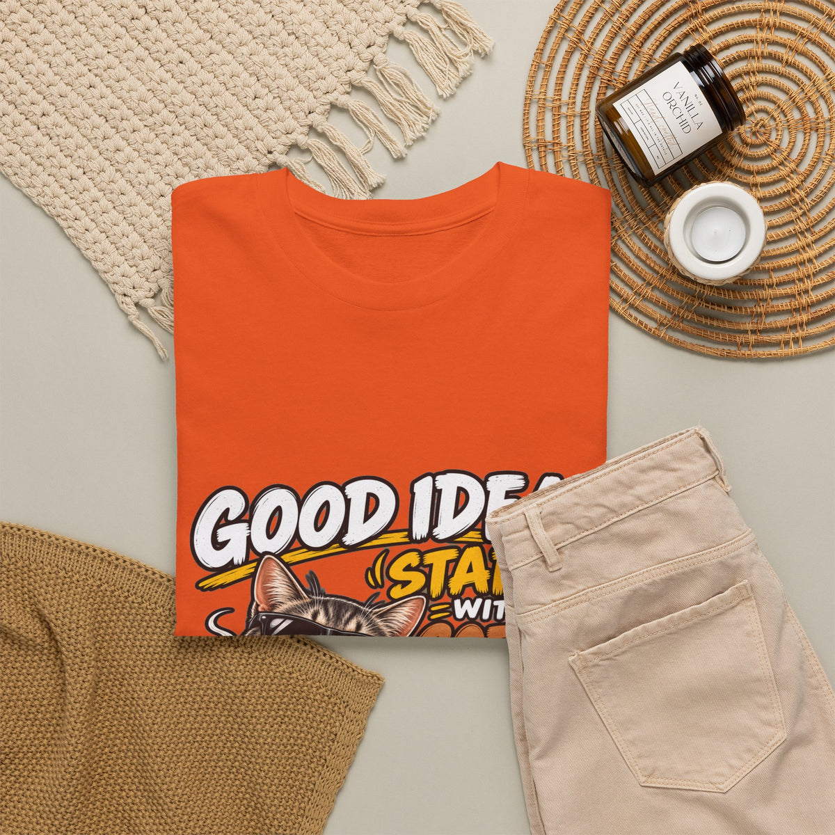 Funny Coffee Cat T-Shirt — "Good Ideas Start with Coffee and Funny Shirts"