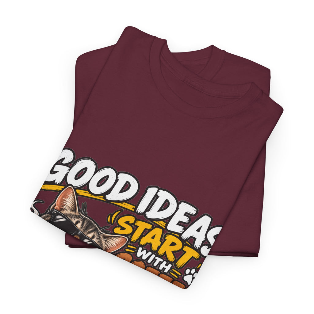 Funny Coffee Cat T-Shirt — "Good Ideas Start with Coffee and Funny Shirts"