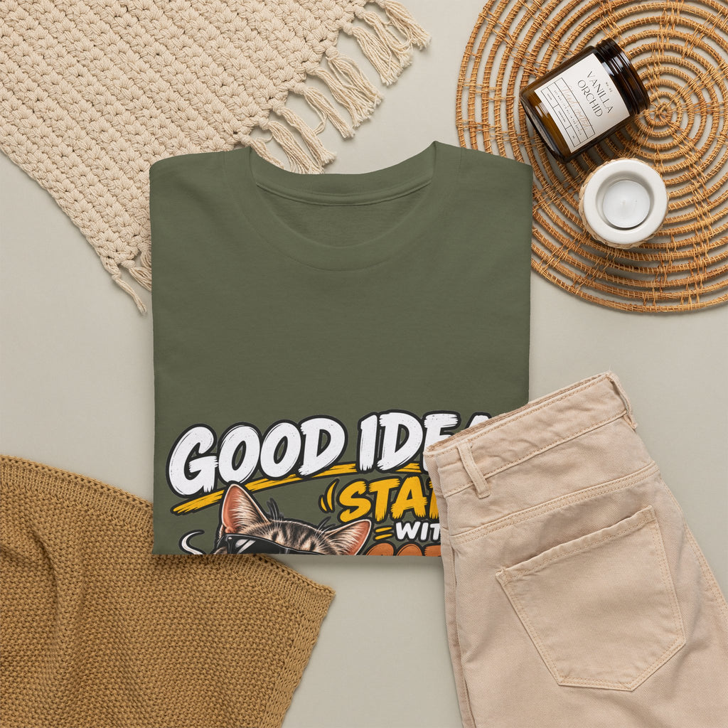 Funny Coffee Cat T-Shirt — "Good Ideas Start with Coffee and Funny Shirts"