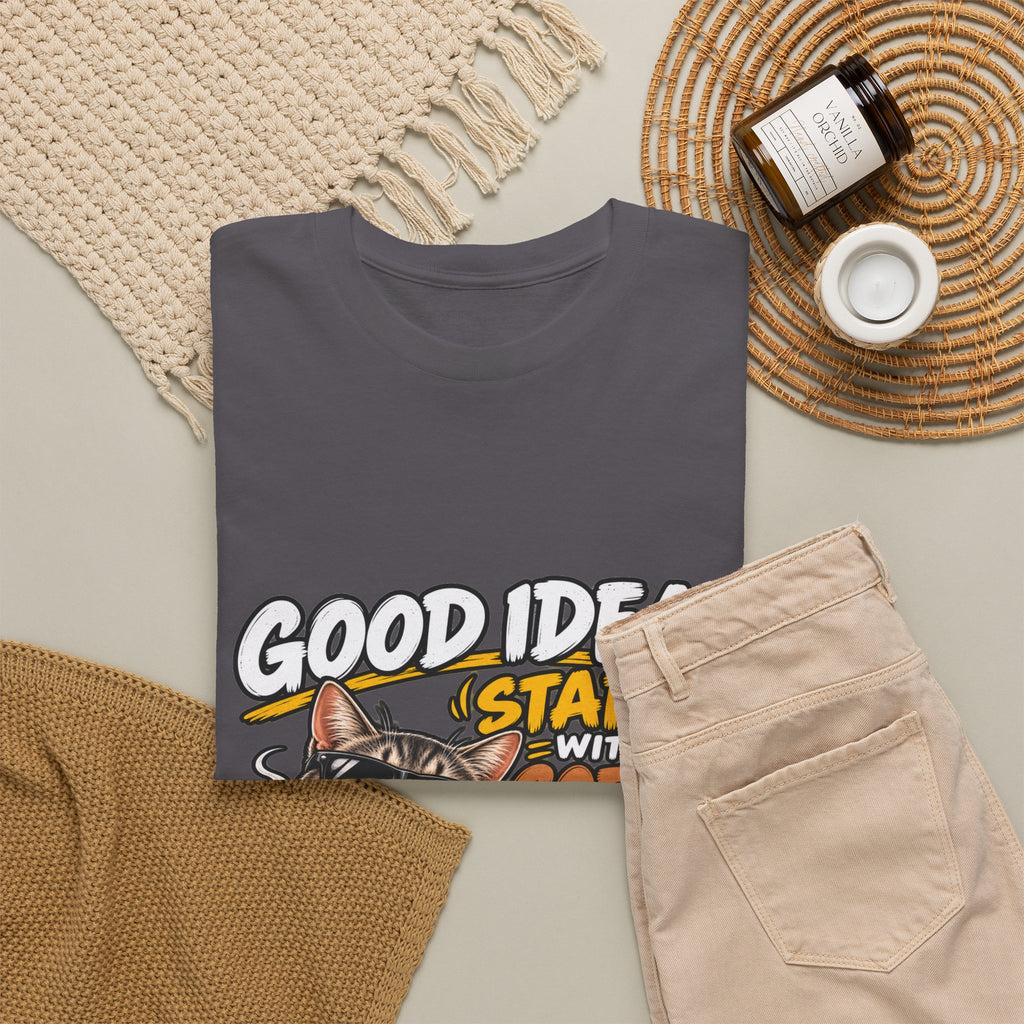 Funny Coffee Cat T-Shirt — "Good Ideas Start with Coffee and Funny Shirts"