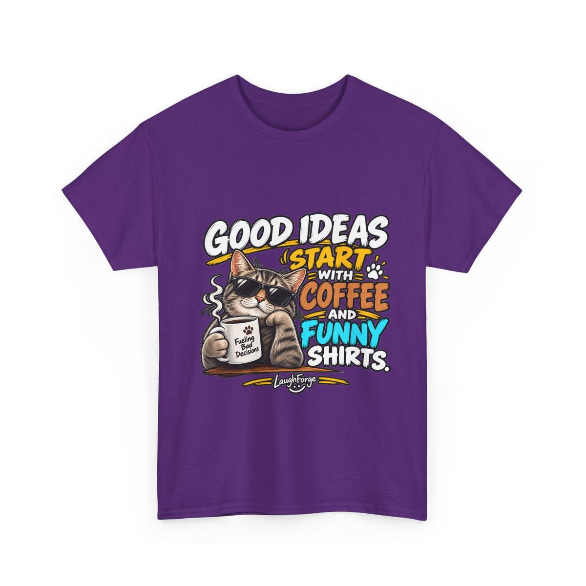 Funny Coffee Cat T-Shirt — "Good Ideas Start with Coffee and Funny Shirts"