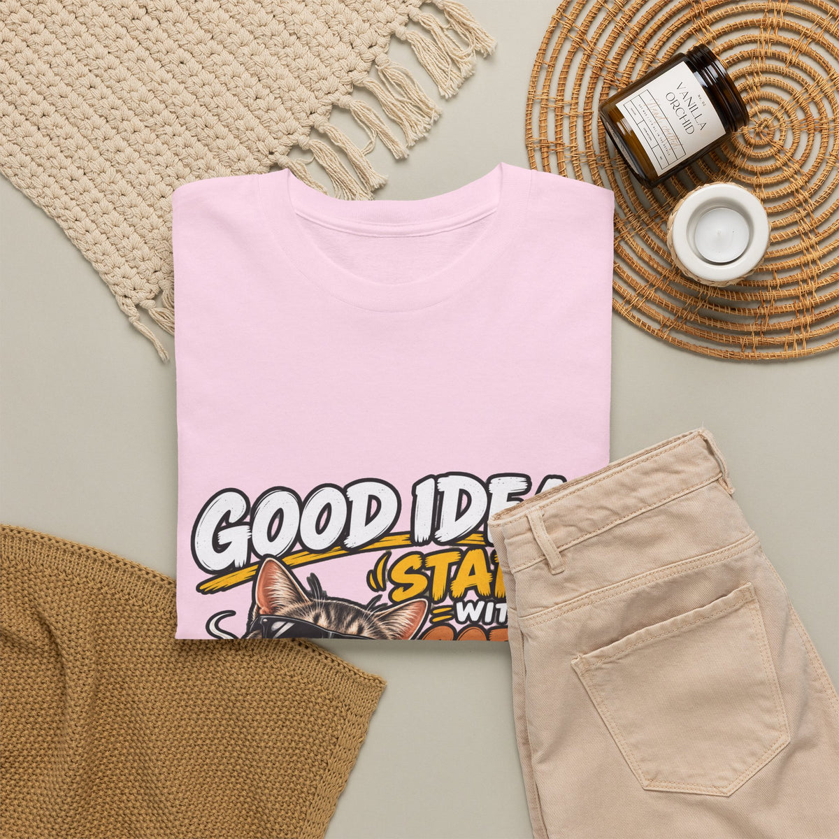 Funny Coffee Cat T-Shirt — "Good Ideas Start with Coffee and Funny Shirts"