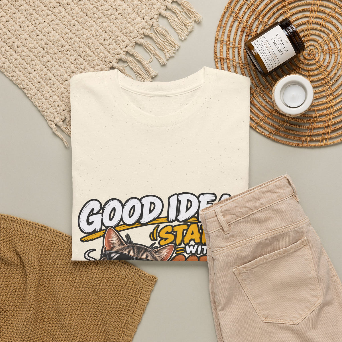 Funny Coffee Cat T-Shirt — "Good Ideas Start with Coffee and Funny Shirts"