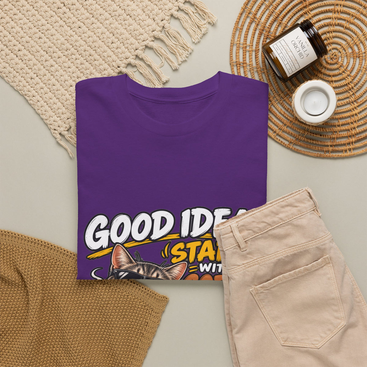 Funny Coffee Cat T-Shirt — "Good Ideas Start with Coffee and Funny Shirts"