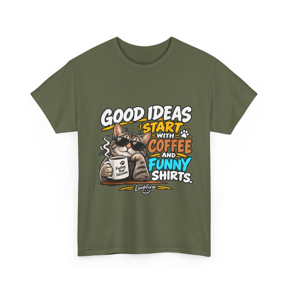 Funny Coffee Cat T-Shirt — "Good Ideas Start with Coffee and Funny Shirts"
