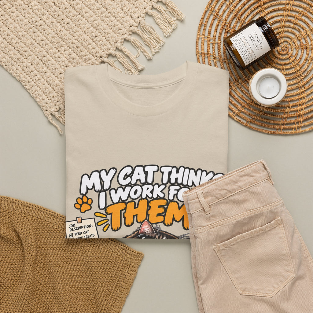 My Cat Thinks I Work For Them T-Shirt — Funny Cat Lover Tee