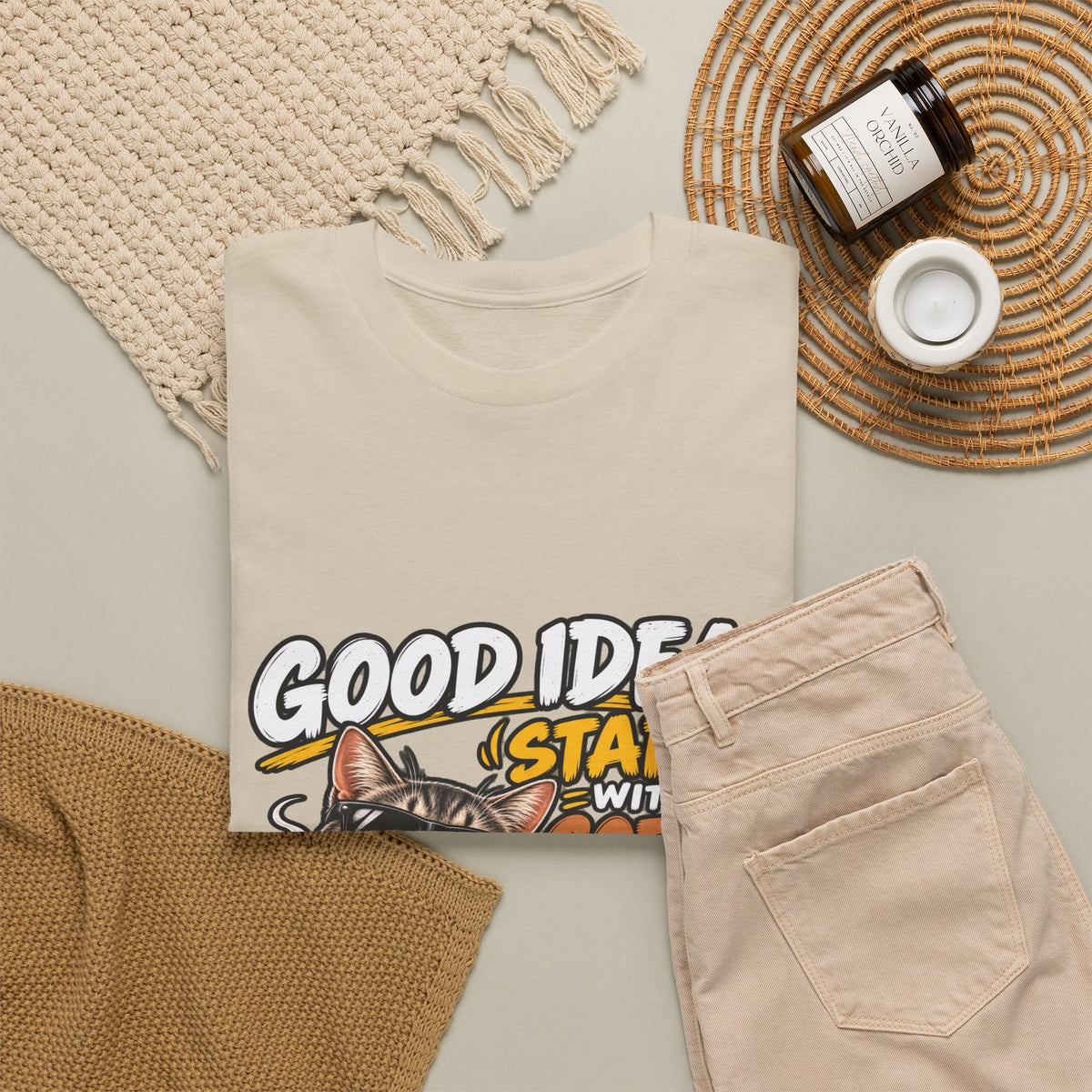 Funny Coffee Cat T-Shirt — "Good Ideas Start with Coffee and Funny Shirts"
