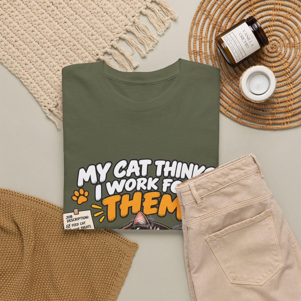 My Cat Thinks I Work For Them T-Shirt — Funny Cat Lover Tee