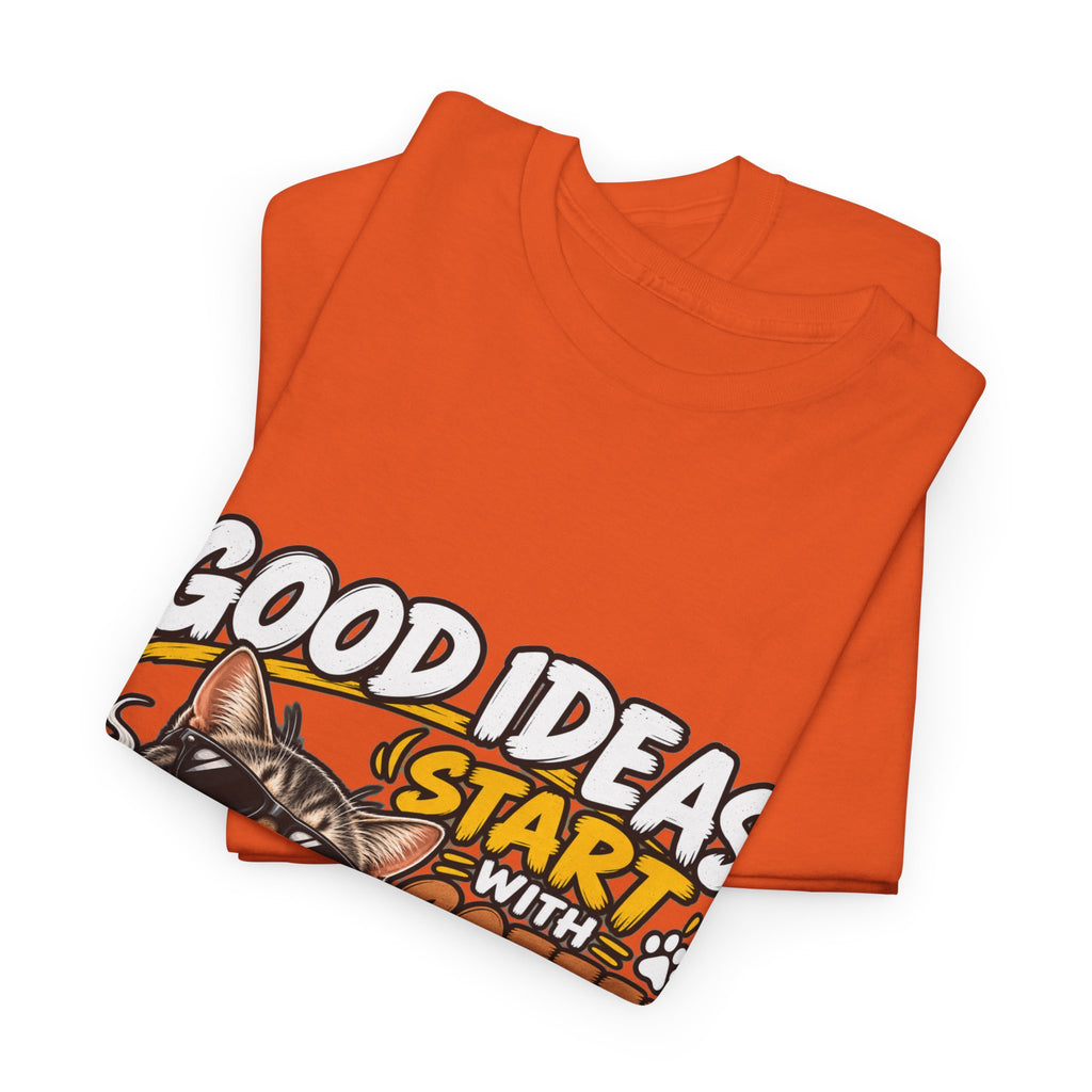 Funny Coffee Cat T-Shirt — "Good Ideas Start with Coffee and Funny Shirts"