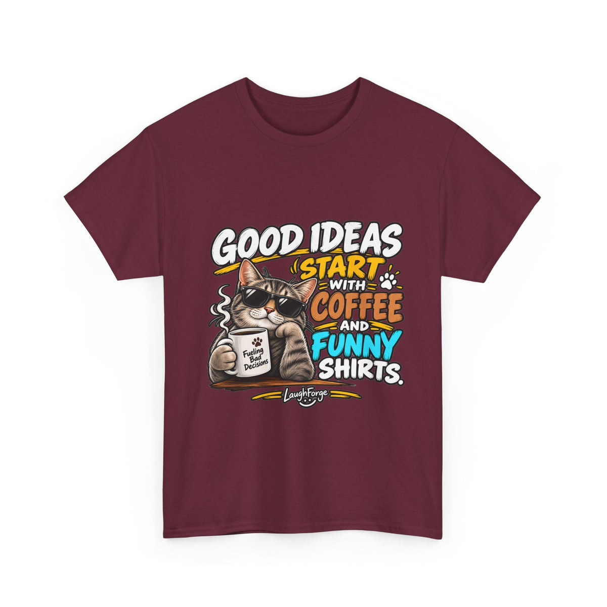 Funny Coffee Cat T-Shirt — "Good Ideas Start with Coffee and Funny Shirts"