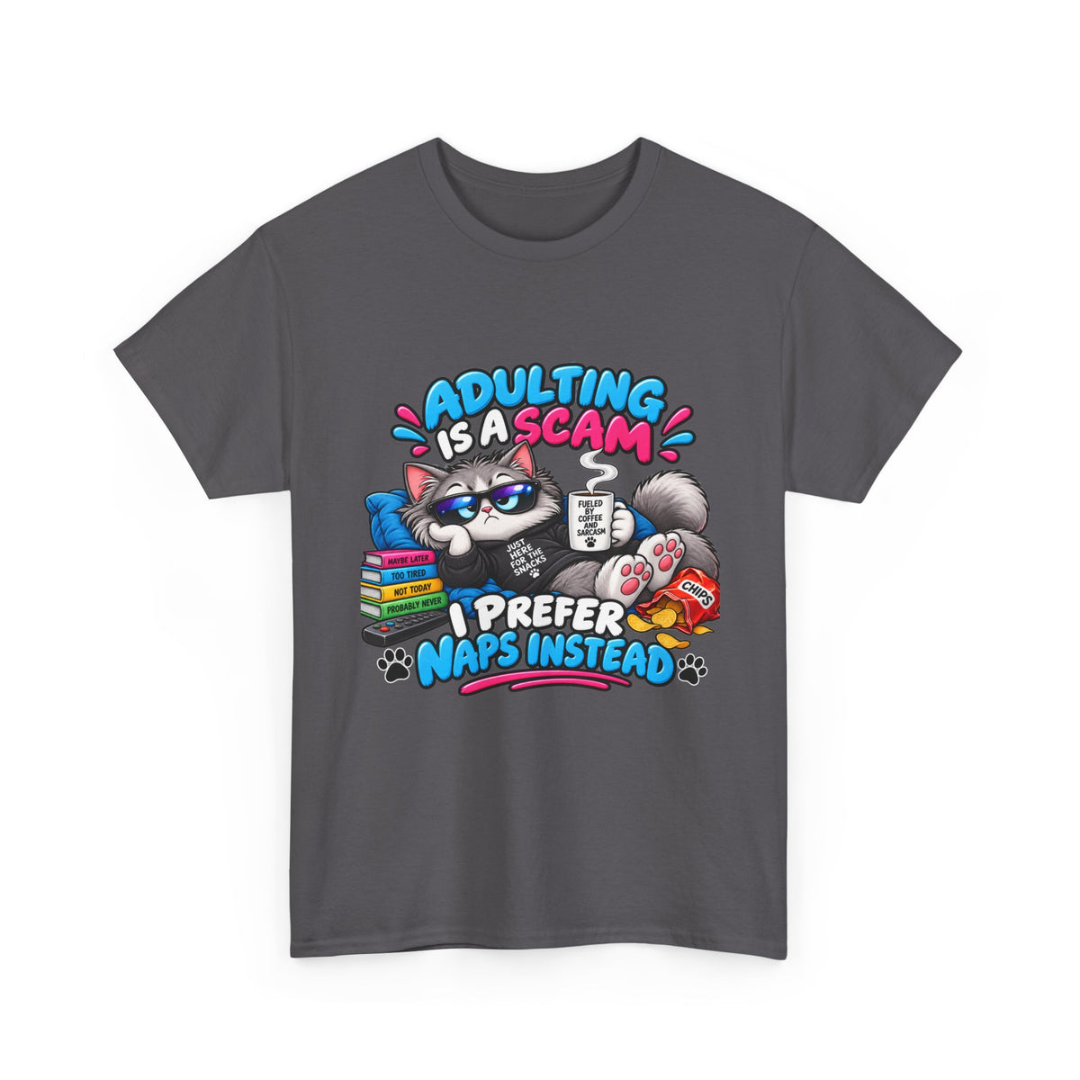 Adulting Is a Scam Cat T-Shirt — I Prefer Naps Instead Funny Graphic Tee
