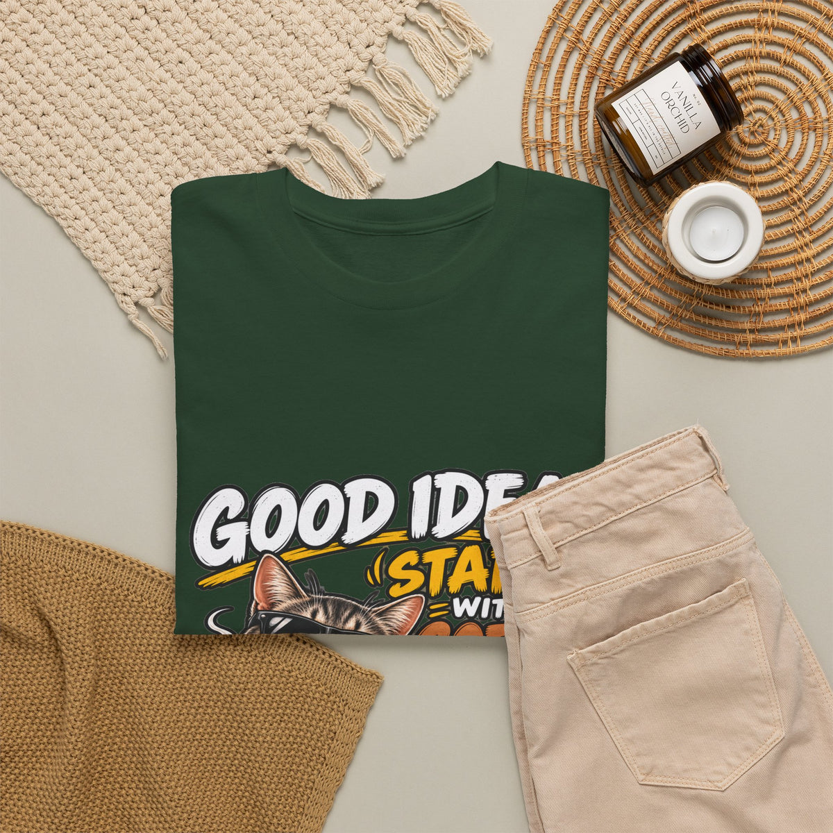 Funny Coffee Cat T-Shirt — "Good Ideas Start with Coffee and Funny Shirts"