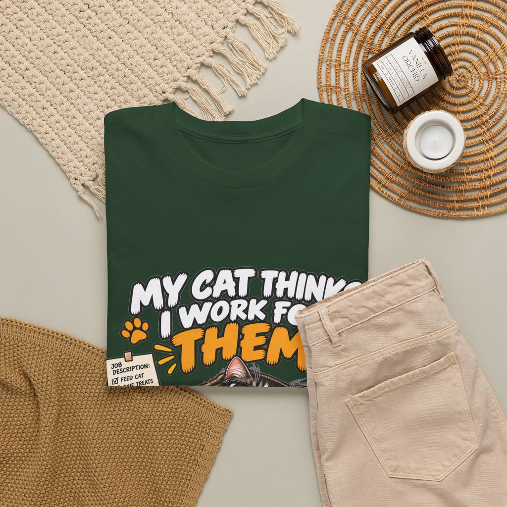 My Cat Thinks I Work For Them T-Shirt — Funny Cat Lover Tee