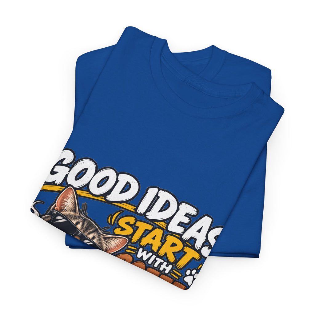 Funny Coffee Cat T-Shirt — "Good Ideas Start with Coffee and Funny Shirts"