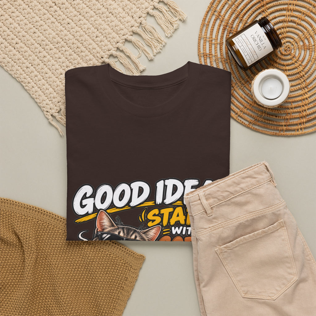 Funny Coffee Cat T-Shirt — "Good Ideas Start with Coffee and Funny Shirts"