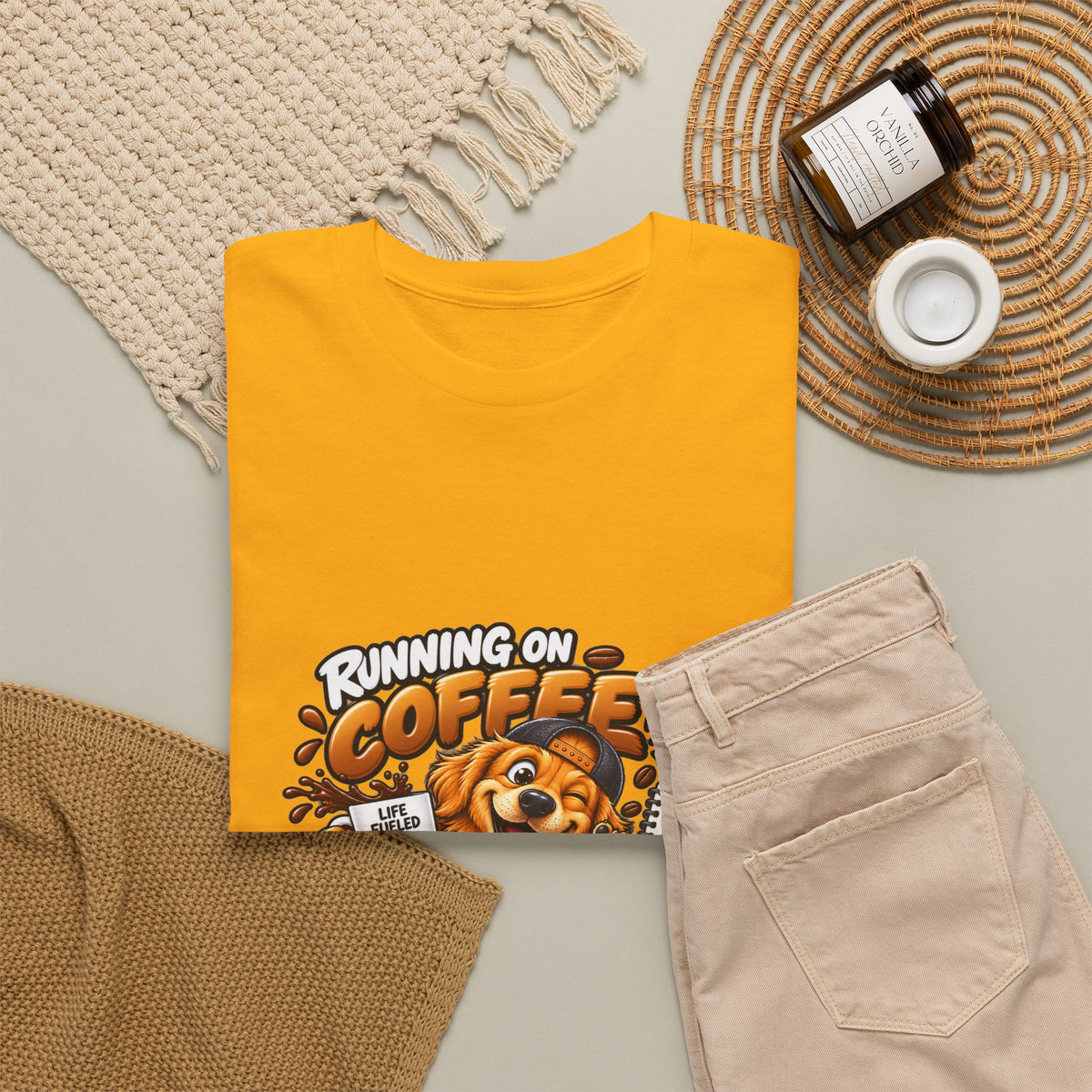 Coffee Chaos T-Shirt — "Running on Coffee, Chaos & Bad Decisions" Cute Dog Graphic Tee