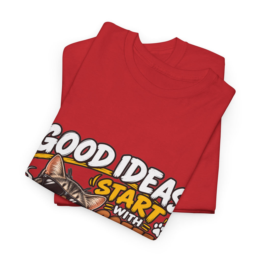 Funny Coffee Cat T-Shirt — "Good Ideas Start with Coffee and Funny Shirts"