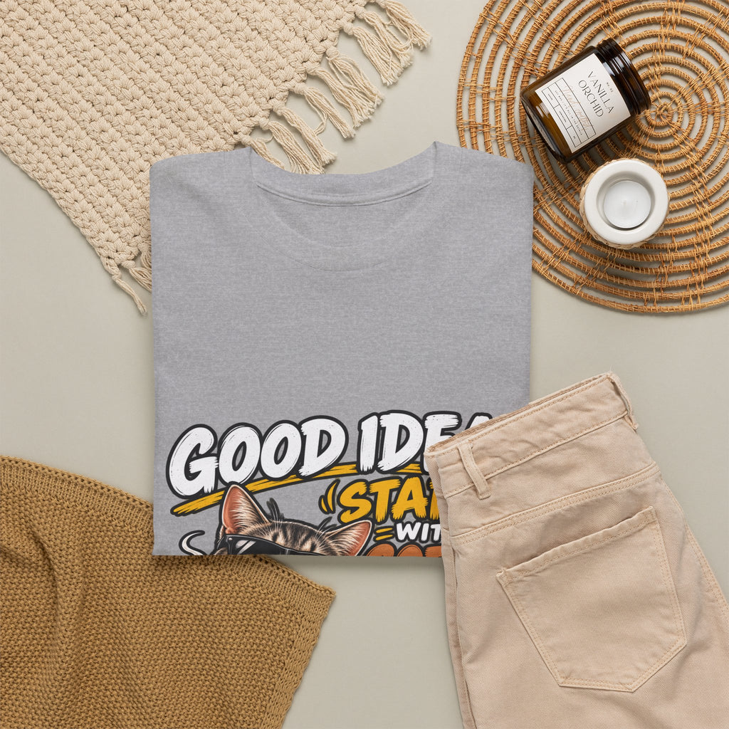 Funny Coffee Cat T-Shirt — "Good Ideas Start with Coffee and Funny Shirts"