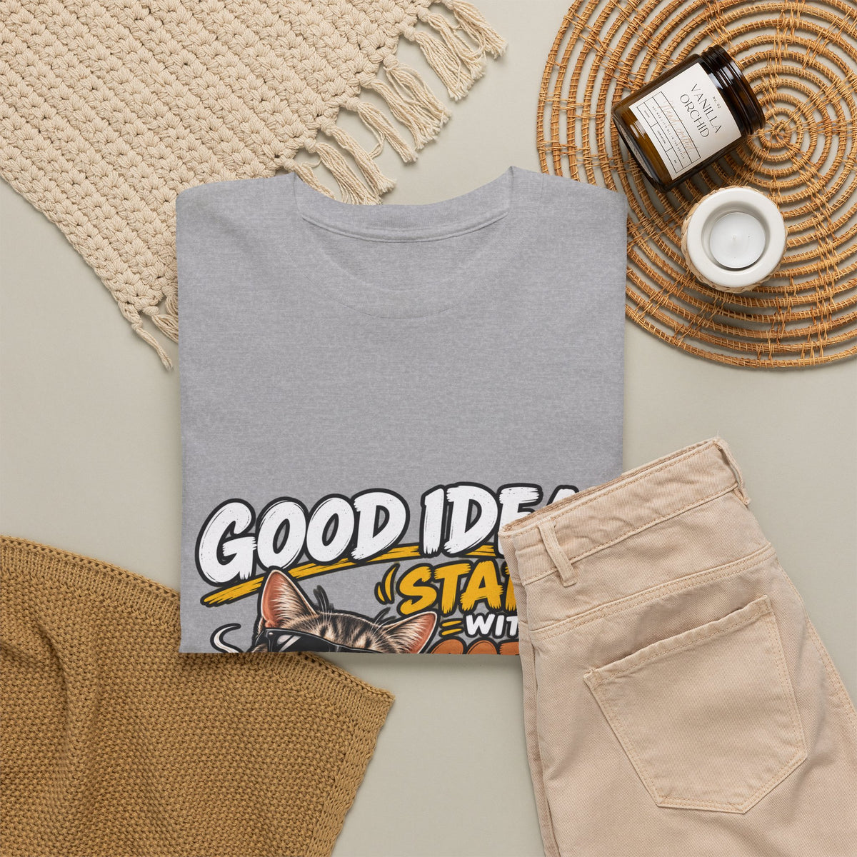Funny Coffee Cat T-Shirt — "Good Ideas Start with Coffee and Funny Shirts"