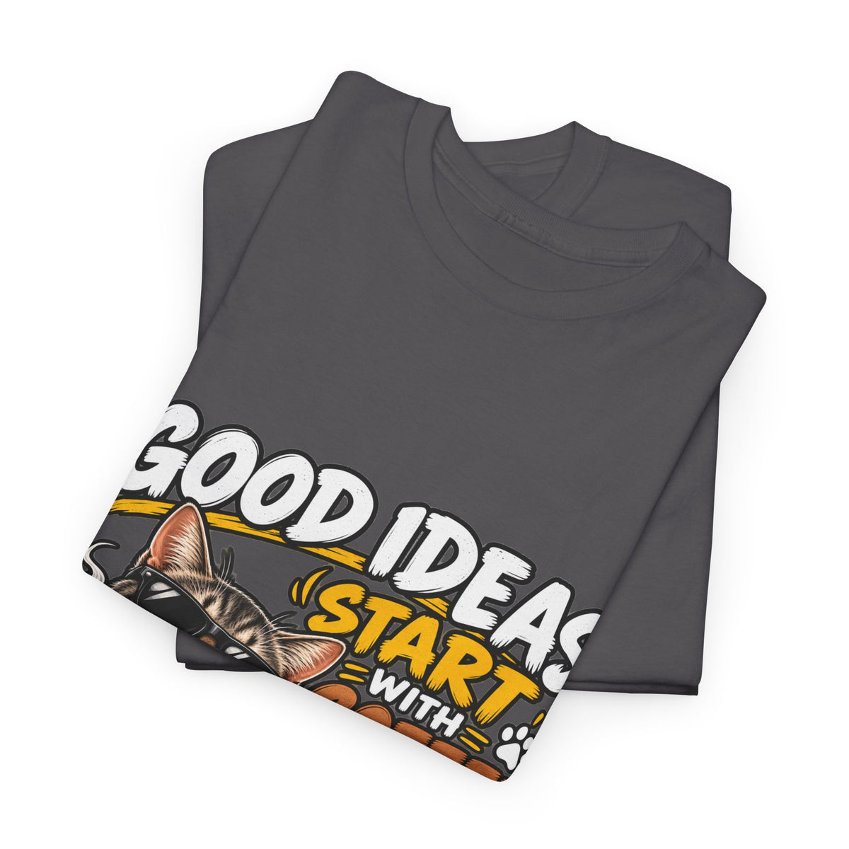 Funny Coffee Cat T-Shirt — "Good Ideas Start with Coffee and Funny Shirts"
