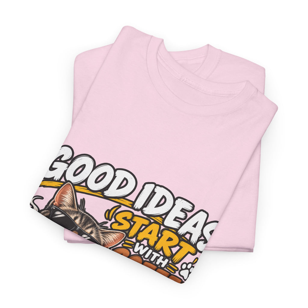 Funny Coffee Cat T-Shirt — "Good Ideas Start with Coffee and Funny Shirts"