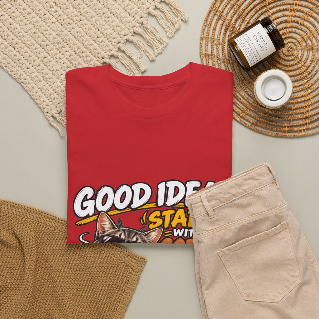 Funny Coffee Cat T-Shirt — "Good Ideas Start with Coffee and Funny Shirts"