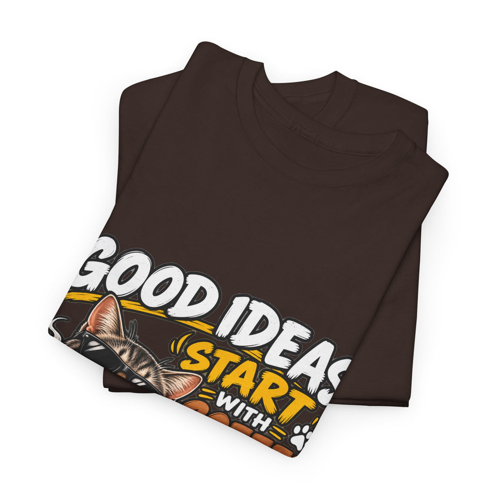 Funny Coffee Cat T-Shirt — "Good Ideas Start with Coffee and Funny Shirts"