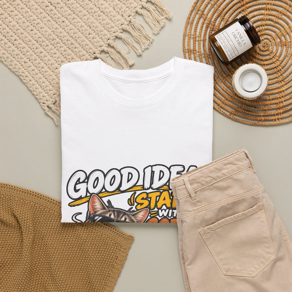 Funny Coffee Cat T-Shirt — "Good Ideas Start with Coffee and Funny Shirts"