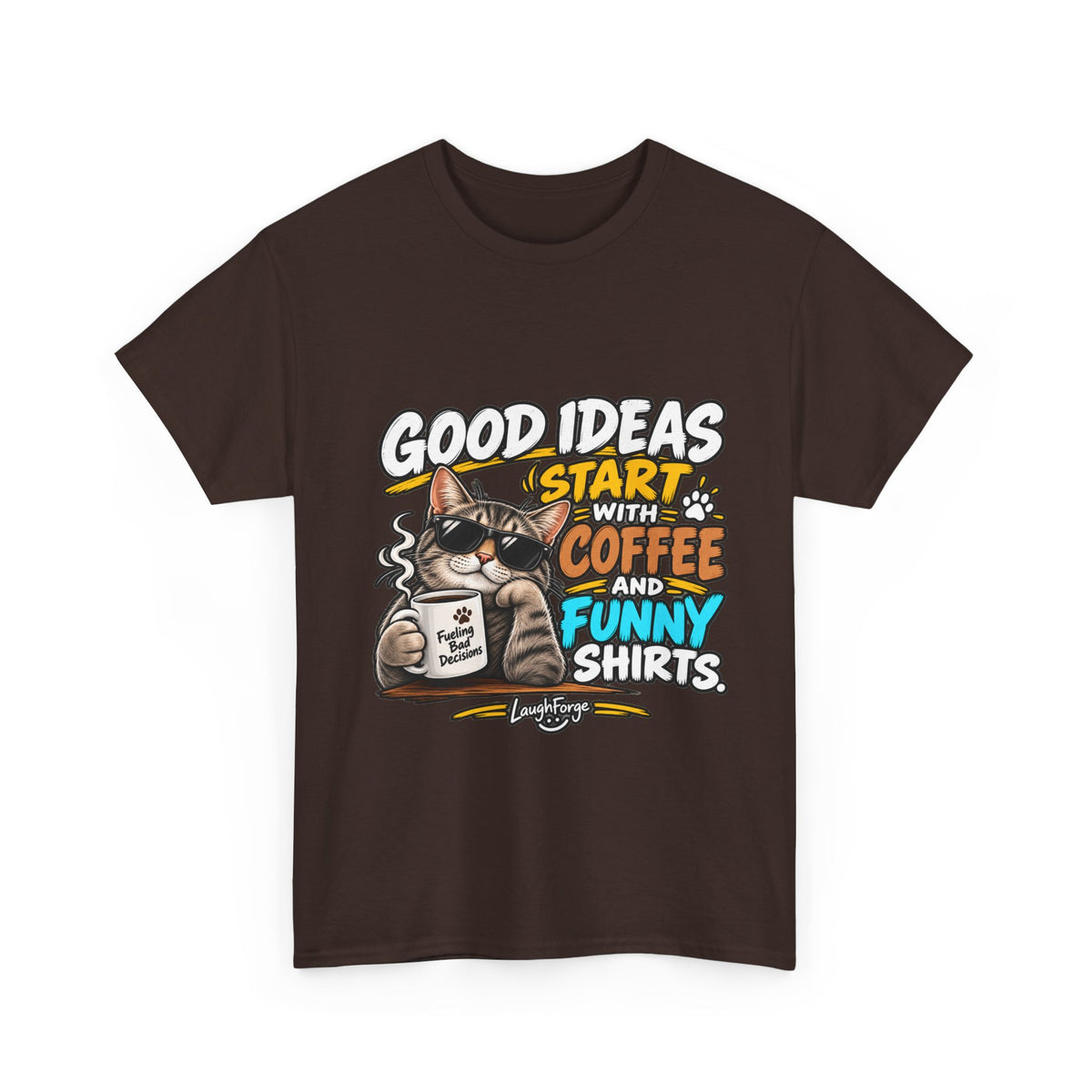 Funny Coffee Cat T-Shirt — "Good Ideas Start with Coffee and Funny Shirts"