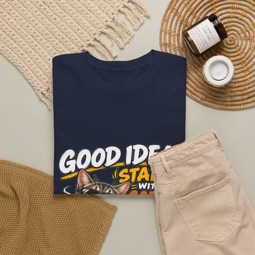 Funny Coffee Cat T-Shirt — "Good Ideas Start with Coffee and Funny Shirts"