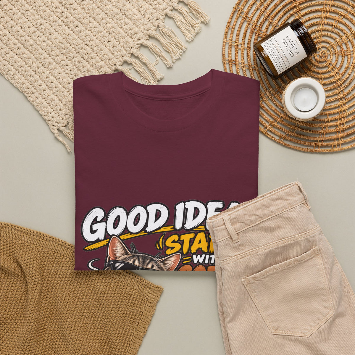 Funny Coffee Cat T-Shirt — "Good Ideas Start with Coffee and Funny Shirts"