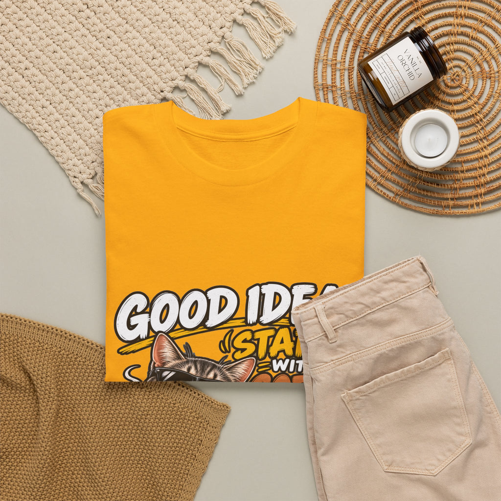 Funny Coffee Cat T-Shirt — "Good Ideas Start with Coffee and Funny Shirts"