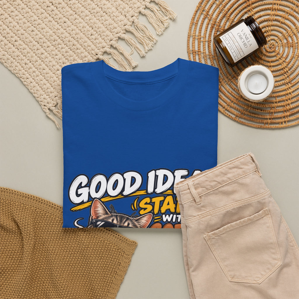Funny Coffee Cat T-Shirt — "Good Ideas Start with Coffee and Funny Shirts"