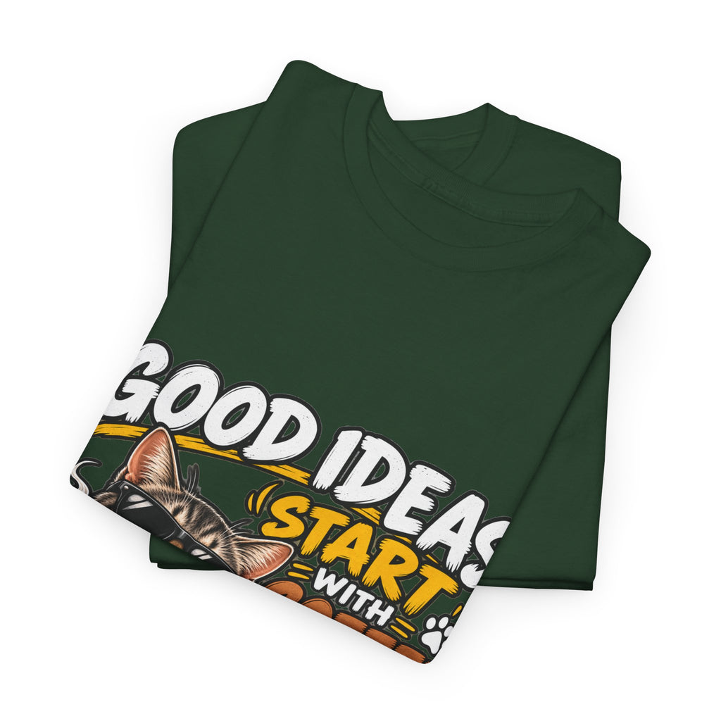 Funny Coffee Cat T-Shirt — "Good Ideas Start with Coffee and Funny Shirts"