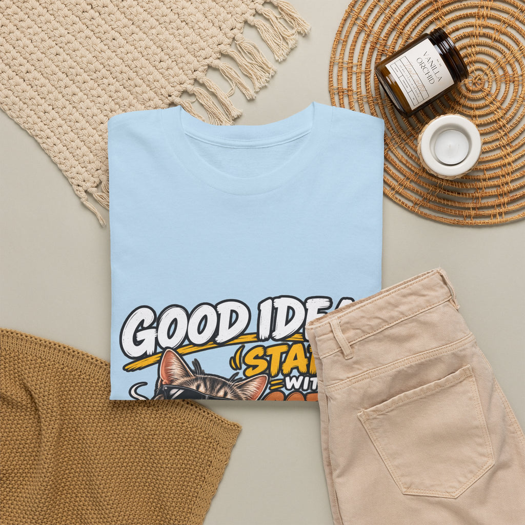 Funny Coffee Cat T-Shirt — "Good Ideas Start with Coffee and Funny Shirts"
