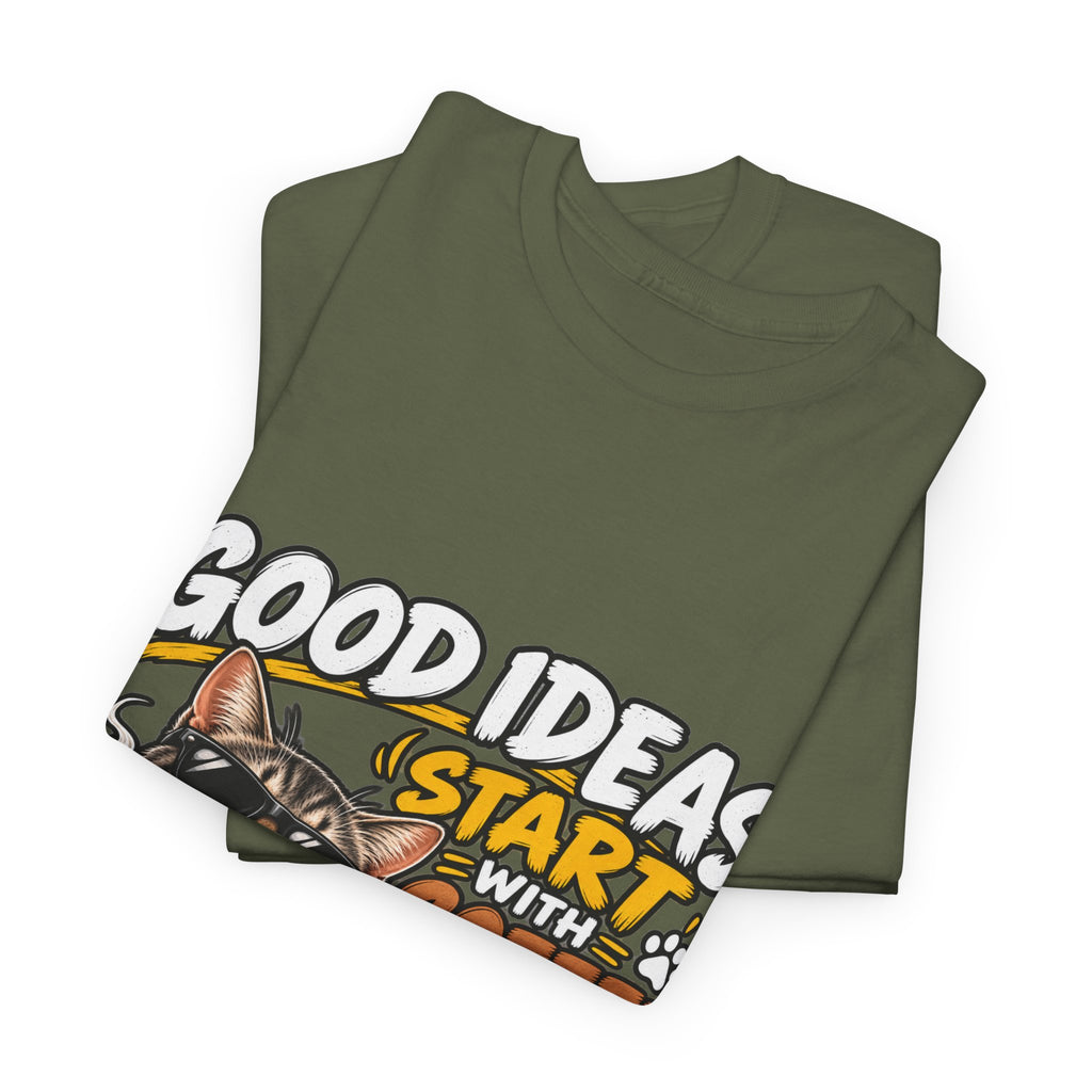 Funny Coffee Cat T-Shirt — "Good Ideas Start with Coffee and Funny Shirts"